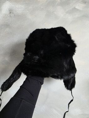 USHANKA / SHAPKA Slavic Doll Black Real Rabbit Fur Russian Trapper Hat XL